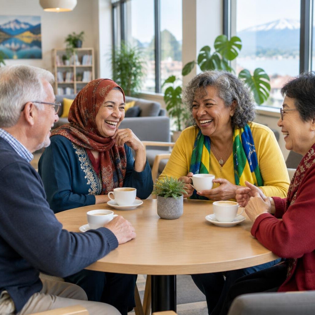Seniors chatting and having coffee in a modern community lounge