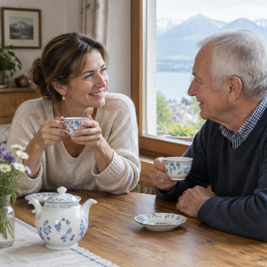 Adult daughter and her elderly father talking and smiling over tea at a table