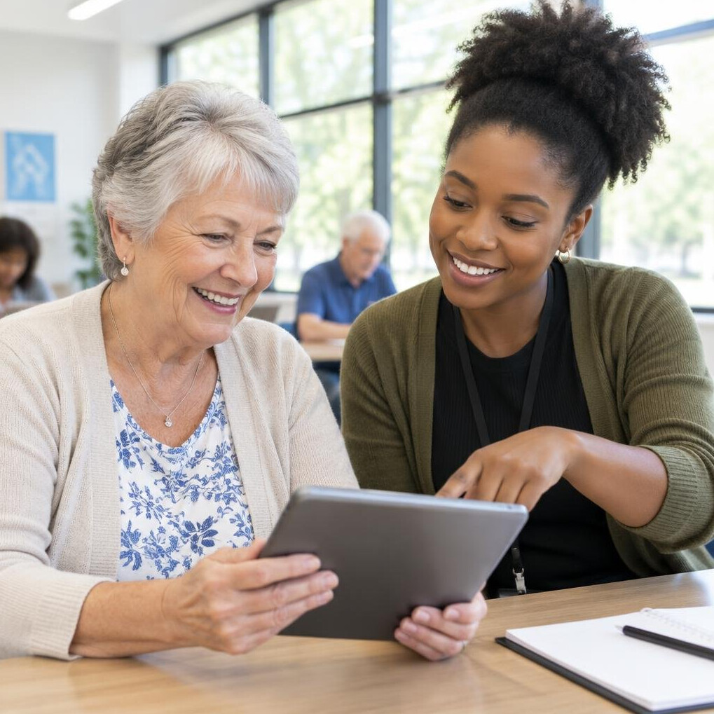 Senior woman learning to use a tablet with a young instructor in a bright classroom