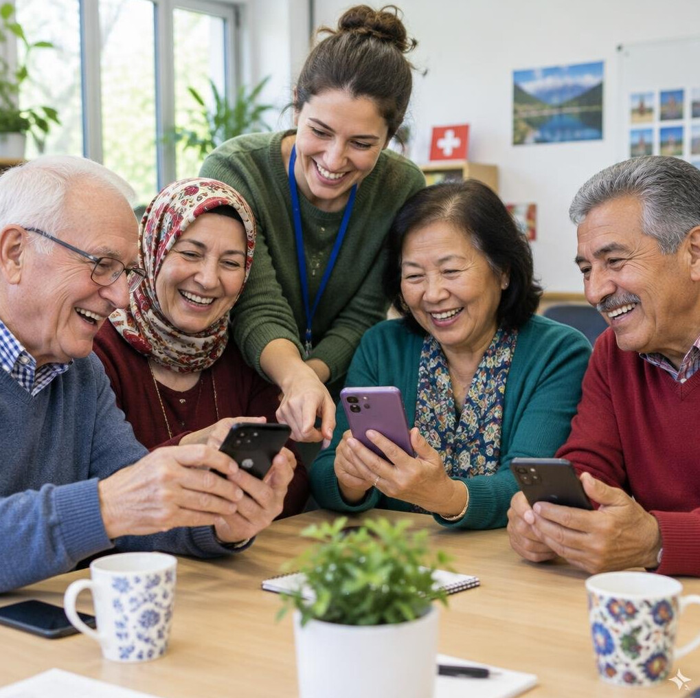 Seniors taking photos with smartphones during a digital workshop