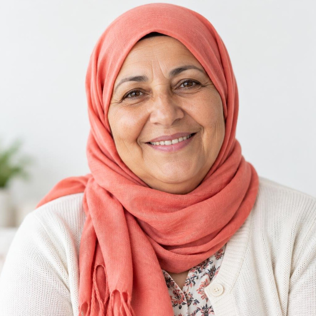Portrait of a smiling 64 year old woman wearing a colorful headscarf