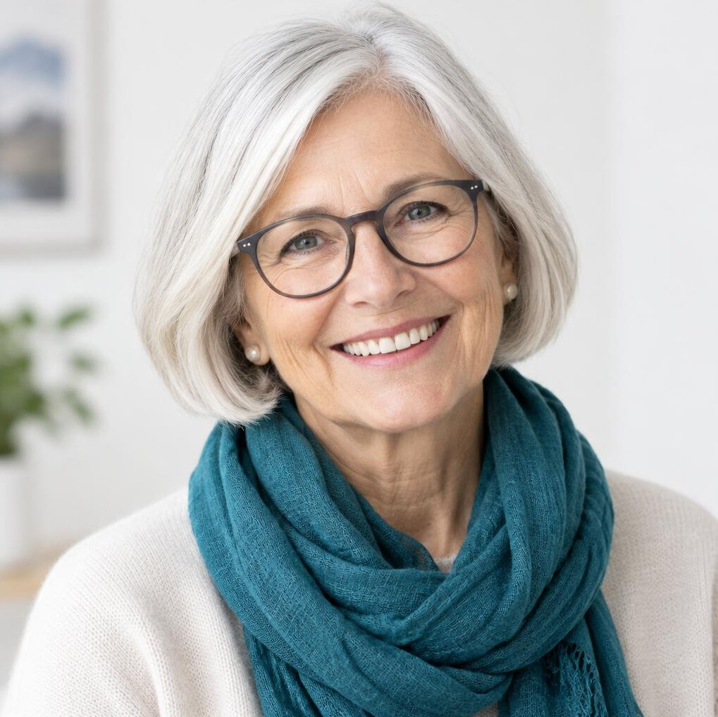 Portrait of a smiling 68 year old woman with silver bob hair