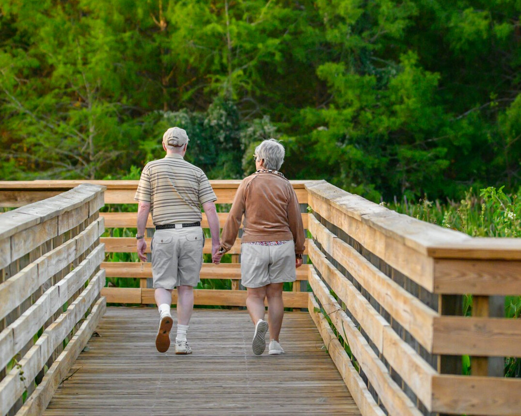 happy senior couple walking