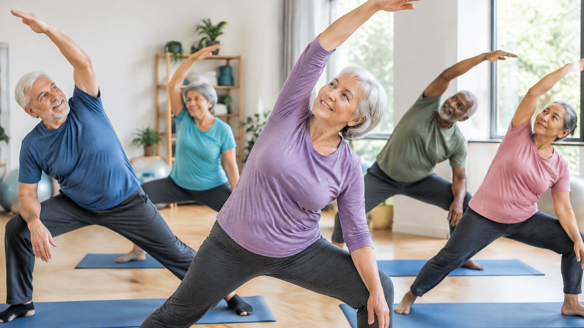 group of elderly people doing yoga
