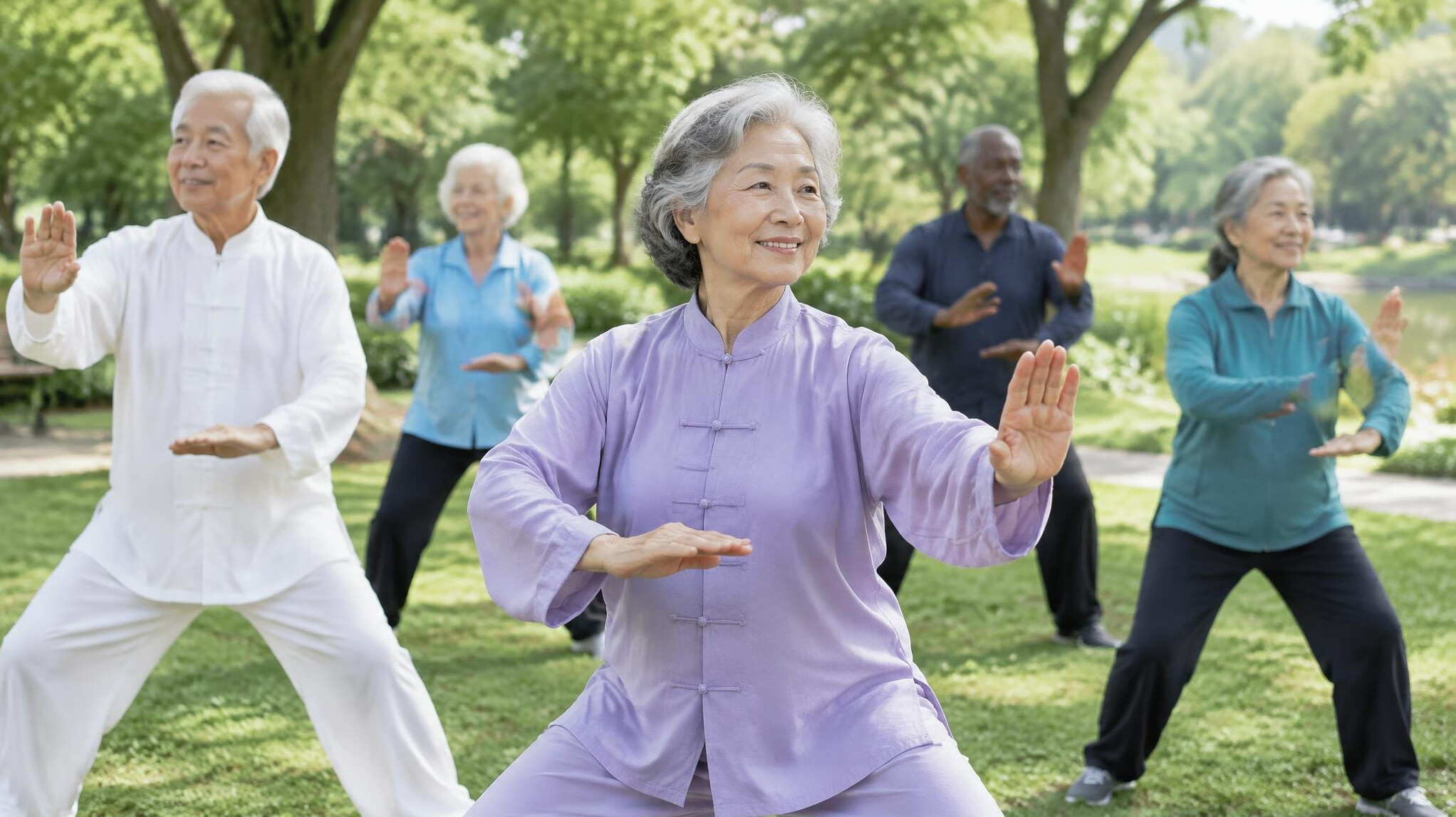 seniors doing tai chi in park
