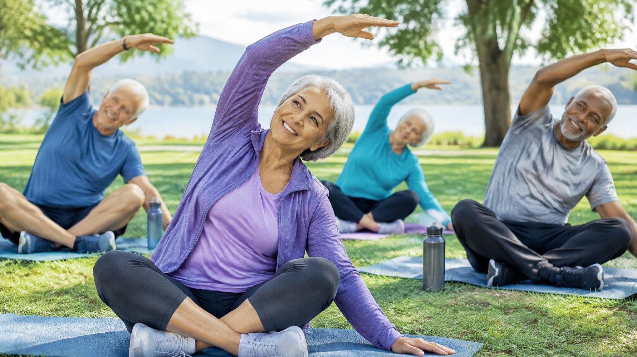 senior group stretching outdoors